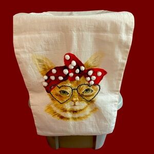 Domain Table Runner ivory Rosie the Riveter Cat Beaded Heart Glasses Pom Poms